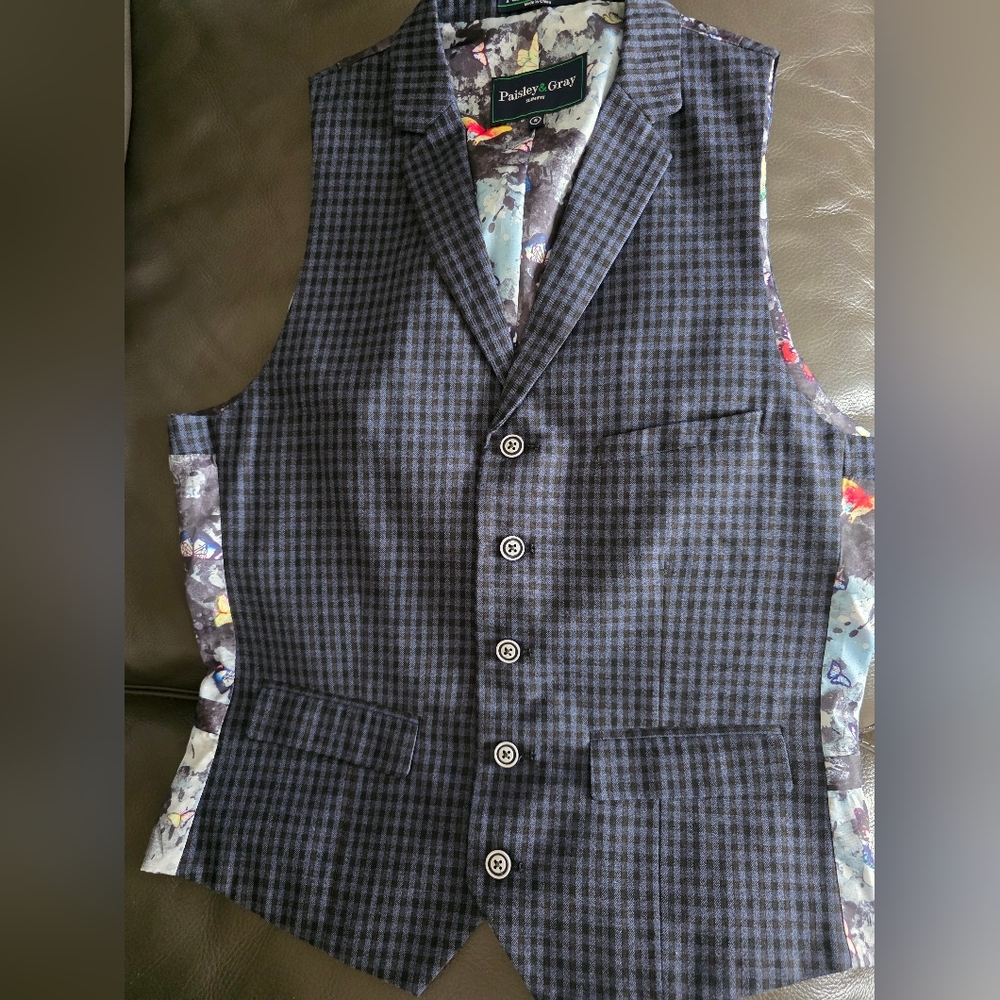Mens Paisley & Gray blue black gingham checkered vest.